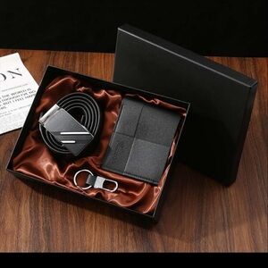 5pcs Set: Auto Buckle + Belt + Business Wallet + Keychain + Gift Box